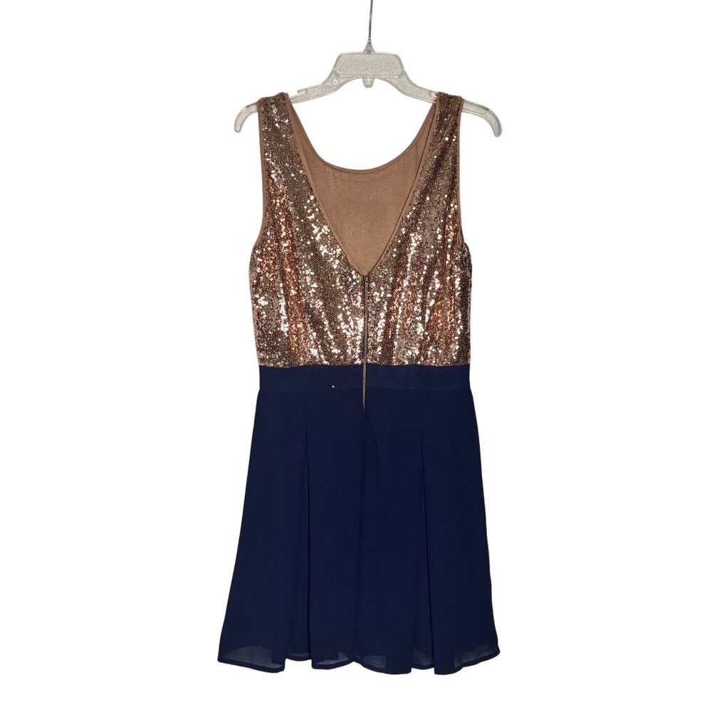 Rosette Rose Gold Sequin & Navy Chiffon Sleeveless Skater Dress Women's Large - Picture 4 of 15